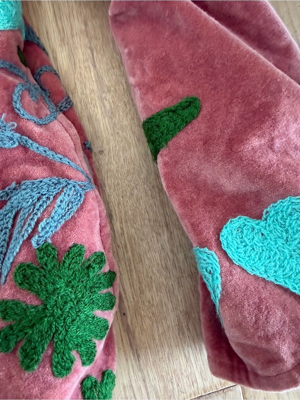 Fabulous Unique Embroidered Pink Velvet Floral Jacket with Teal Accents - Picture 6 of 7
